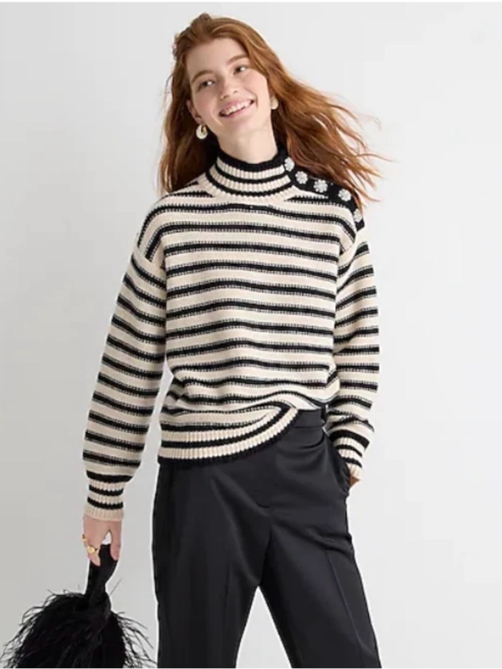 J. Crew Navy and Cream Striped Mock-Neck Jewel Buttons Sweater Size XL